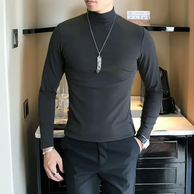 Frühling Neue männer Rollkragen T-shirt Langarm Slim Fit Einfarbig Hohe Elastische Bodenbildung Pullover Grundlegende Stil Männliche Tops – Detail 16