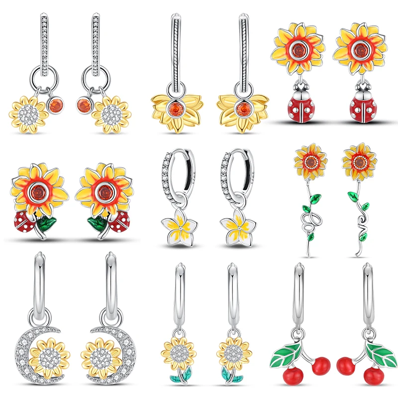 Earrings For Women 100% 925 Silver Plate Golden Sunflower Cherry Pendant Earrings Fine Wedding Engagement Party Jewelry Gifts