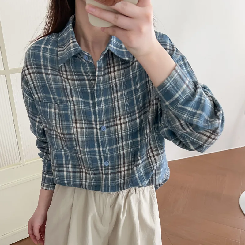 

Spring and Autumn Plaid Shirt Women's New Retro Jacket American Loose Fashion Hong Kong Style Casual Medium and Long