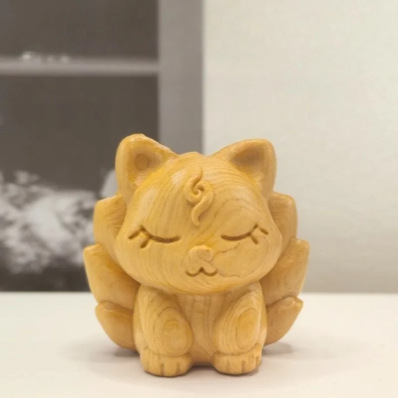 1 PC Nine Tailed Fox Wood Carved Figurines Desk Decoration Cute Craft Birthday Gift Collection Ornament Lovely Animal Miniatures