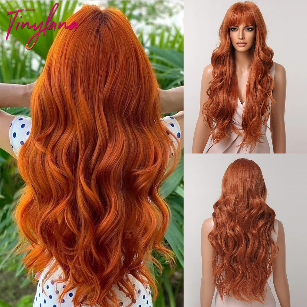 Long Wavy Orange Brown Synthetic Wig with Bangs, Cosplay