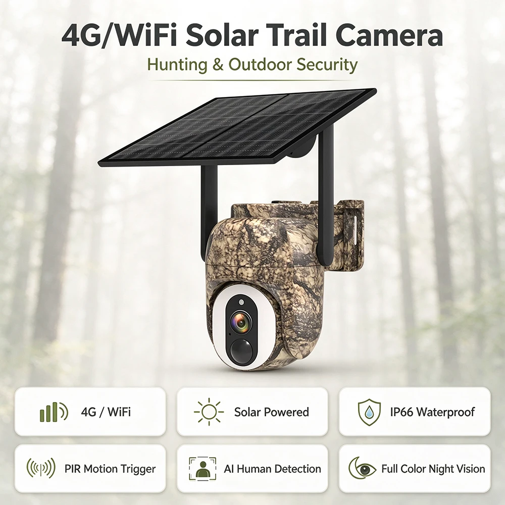 4G WIFI Camouflage Solar Hunting Trail Camera PTZ 3MP IP66 Weatherproof PIR Motion Detection Camo Outdoor Camera Low‑Power U-Box