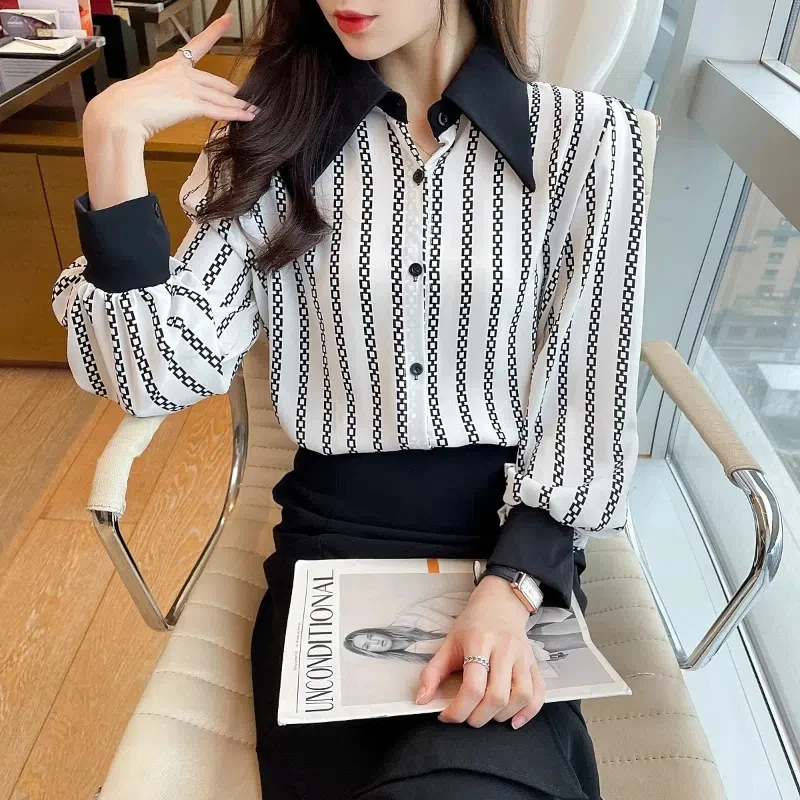 Fashion 2024 Spring New Chiffon Blouses Women\'s Striped Printed Contrast Color Polo Collar Button Loose Retro Long Sleeve Shirts