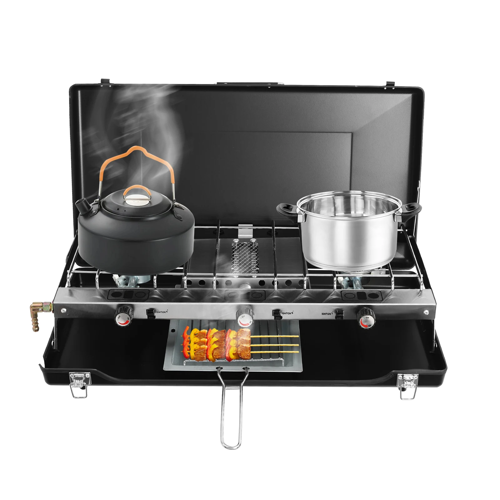 Foldable 3 Burner Camping Stove with Wind Guards, Toast Tray Portable Camping Gas Stove for BBQ Picnics Outdoor Cooking