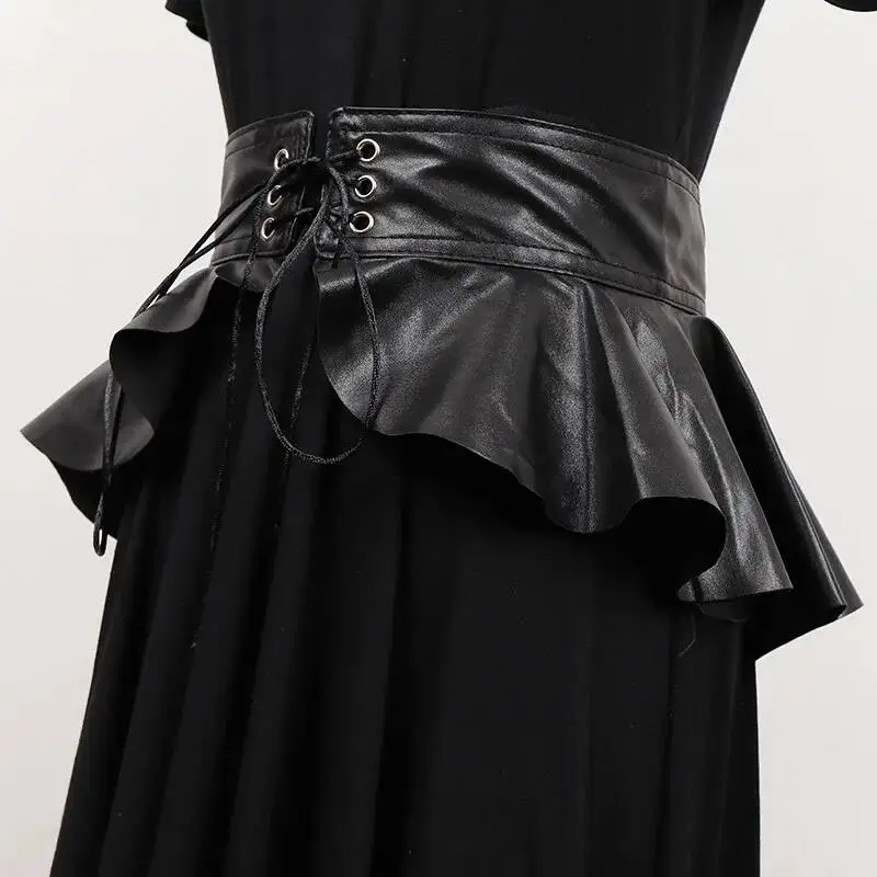 

Black Pu Leather Ruffles Elegant Bandage Belt Personality Women New Fashion All-match Spring Autumn 2026 IPAR