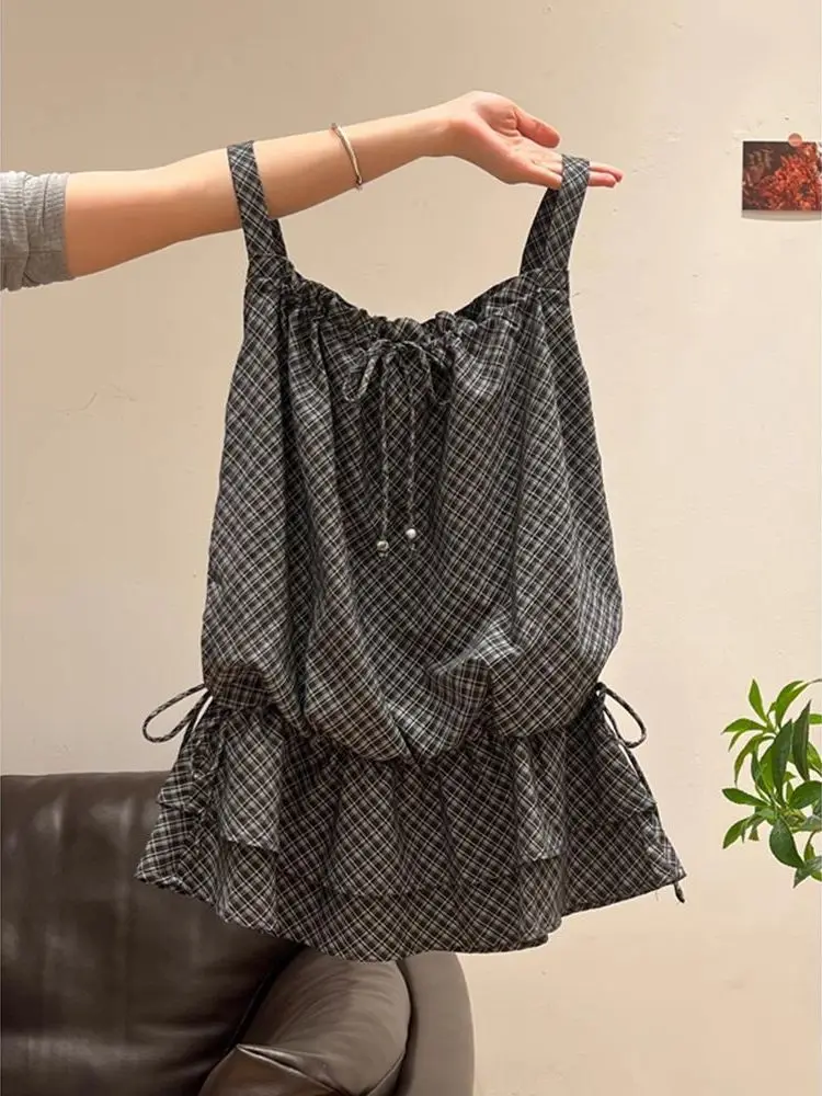 

plus Size 300 Pounds Sweet Knot Belted Plaid Strap Vest Women's Fashionable Small Top Summer Casual Wear