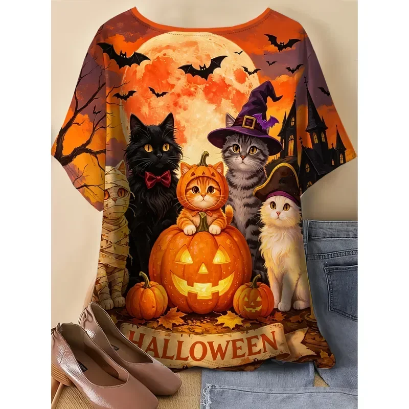 Womens T Shirt Graphic Print Round Neck Short Sleeve Loose Casual Fit Cute Cat Mummy Pumpkin Castle Halloween Holiday Outdoor