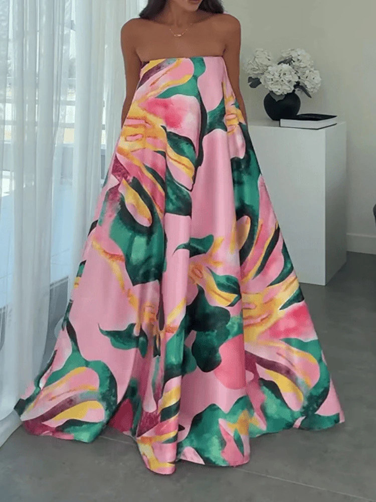 Elegancka sukienka bez ramiączek i rękawów, idealna na wakacje, damska moda, wzorzysty nadruk, drapowana długa sukienka 2026, seksowna sukienka bez pleców, luźna sukienka w stylu bohemy.