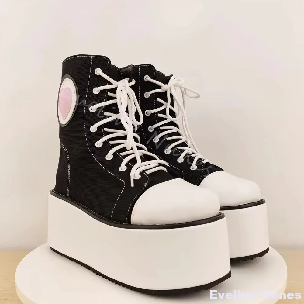 Thick-soled High-top Canvas Shoes Women Round Cross Tied Height Increasing Casual Sneakers Street Dance All-match Couple Shoes