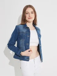 Women's Casual Denim Jacket, Stretchable Long Sleeve Cropped Outerwear, Solid Color, Short Style, Versatile Autumn Spring Fashio