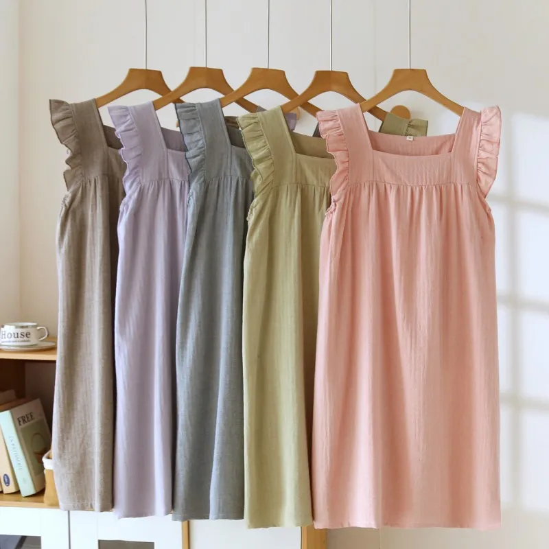 Women's Summer Lightweight Cotton Linen Mid-Length Sleeveless Nightgown with Backless Design Loungewear Suitable for Home Wear