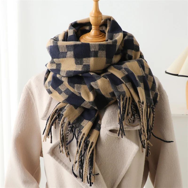 Korean Styles Autumn and Winter Imitation Cashmere Plaid Scarf Fashionable and Simple Warm Scarf Women\'s Tassel Shawl Pashmina