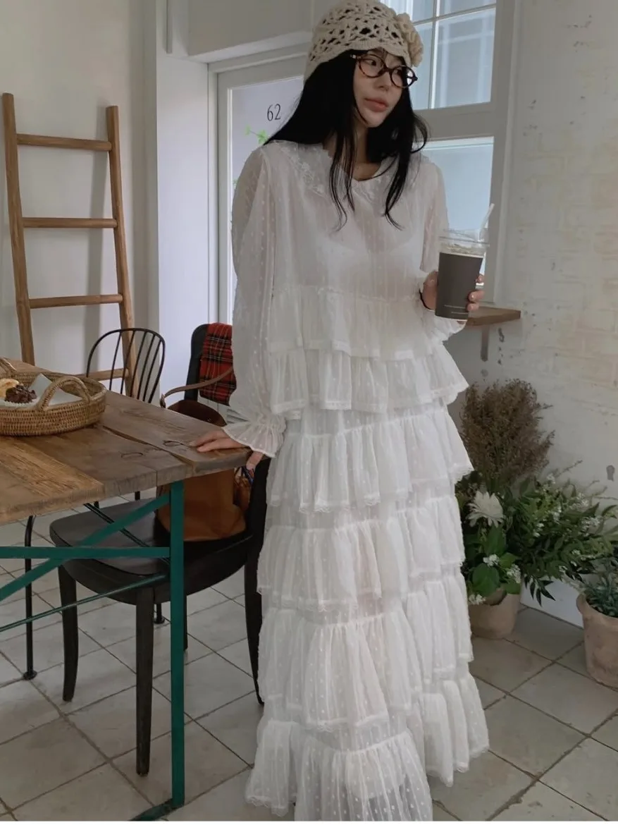 Vestido Longo E em Camadas Estilo Dongdaemun INS Exclusivo Online Chinês Primavera Outono Inverno Espura Regular