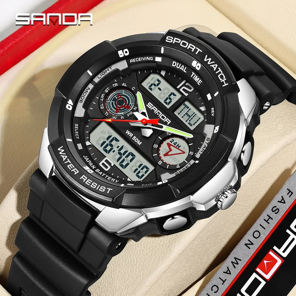 

SANDA Top 6197 Fashion Trend Korean Edition Student Electronic Watch Sports Multi functional Alarm Clock Waterproof Men's Watch