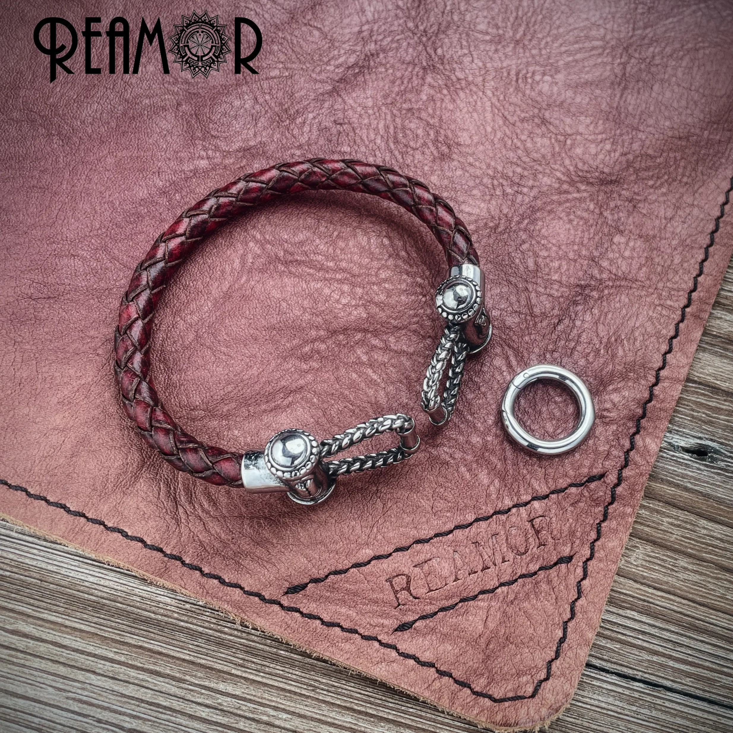 REAMOR Vintage Fixing Steel Wire Genuine Leather Cuff Bangles 316l Stainless Steel Rope Link Bracelet For Men Jewelry