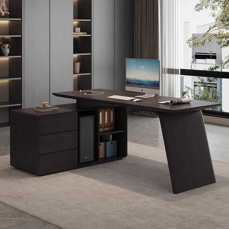 Italian Minimalist Desk Retro Style Walnut Solid Wood With Chest, Computer Desk, Desk And Chair Combination