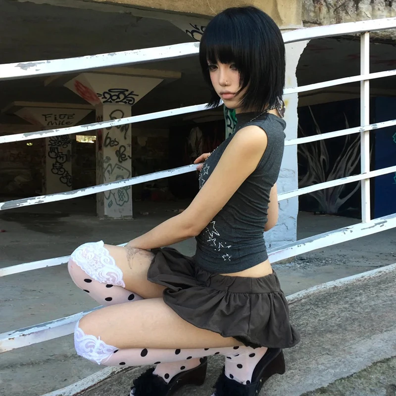 Tonngirls Y2K اليابانية تي شيرت المرأة غير النظامية المحاصيل القمم قبالة الكتف الماس الشارع الشهير الجرونج القمم Fairycore بلايز