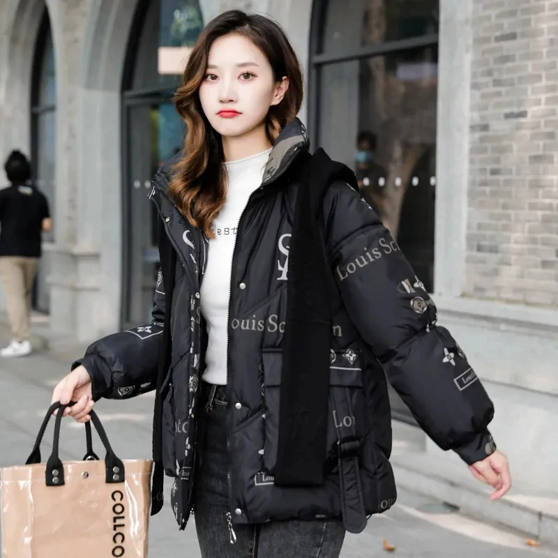 2023 Winter New Women\'s Down Cotton Coat Hooded Print Warm Korean Fashion puffer Loose Parka Thick jacket Female Student Outwear