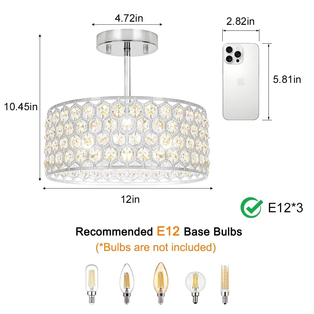 3-Light Modern Prism Crystal Ceiling Light, Semi Flush Mount Chandelier for Home Indoor Lighting