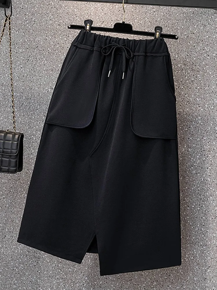 

New 2022 Autumn Winter Plus Size Skirt For Women Large Loose Casual A-line Thick Gray Pocket Long Skirt