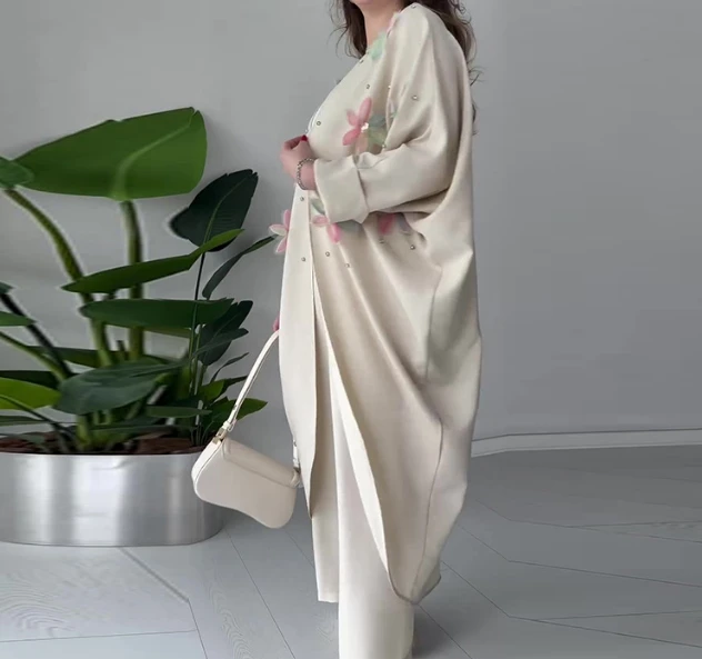 Summer Fashion Women's New Elegant Two Piece Set Solid Color Fashion 3D Flower Long Coat Casual Pants Set for Women