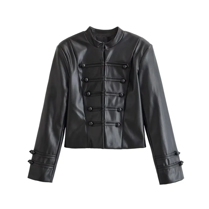 Women's Autumn Jacket New 2026 High-Neck Frog Fastening Long Skeeve Chic Female Leather Outerwear Woman Jackets