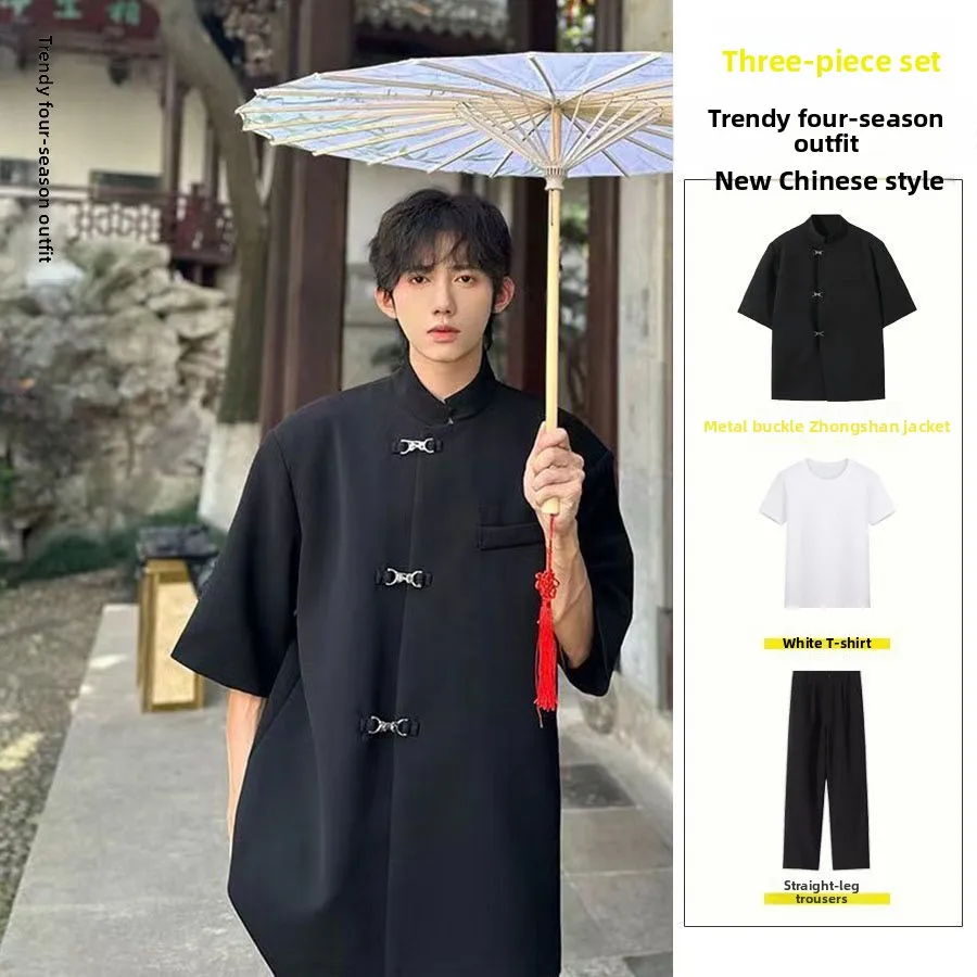 

k Sle Men's irt Chinese Tradition Design f Sve Cuff Spring Autumn Faion Casual Stand Fit Tee Button Plaet