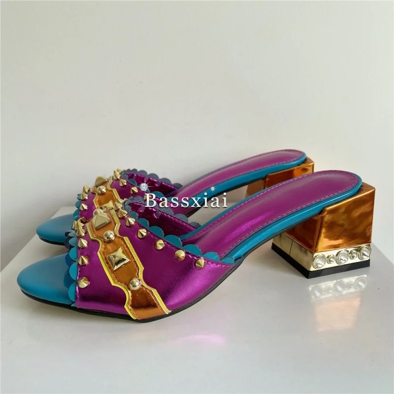 Luxury Rivet T-Strap Sandals Women Jeweled Crystal Square Heel Genuine Leather Mixed Color Party Shoes Summer view 5