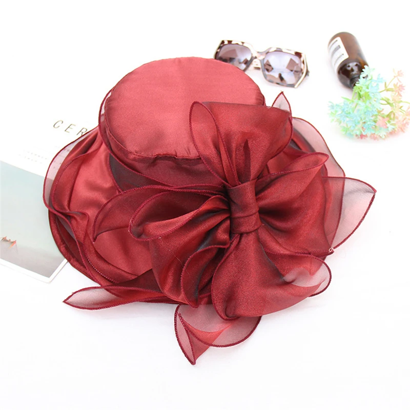 Summer Fashion Organza Lady Wide Brim Sun Hat For Women Elegant Wedding Tea Party Flower Hat Travel Beach Cap