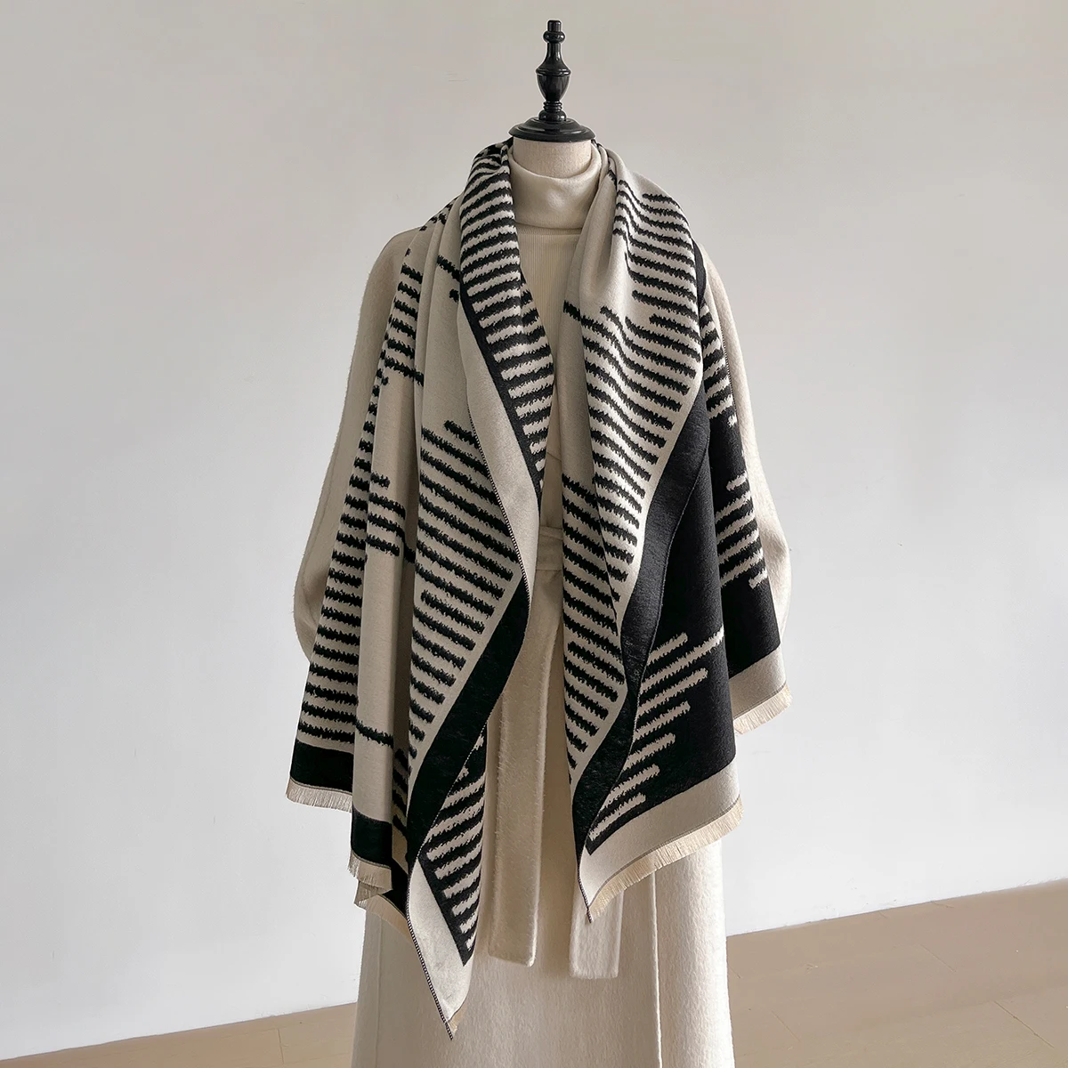 

Winter Travel Faux Cashmere Scarf for Women Thick Warm Cashew and Stripe Patterns Fashionable Luxurious Blanket Scarf