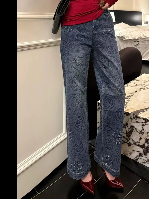 

High Waist Loose Fit Rhinestone Decorated Women's Jeans Straight Leg Long Pants Design Sensation Spring New Sle Rose Pattern