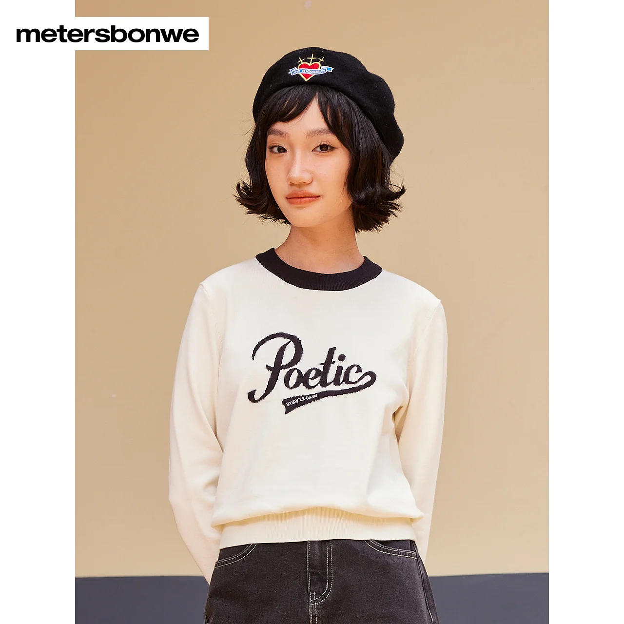 Metersbonwe-Women's Long Sleeves Sweater Round Collar Regular Fit Letter Jacquard Campus Commuter Winter