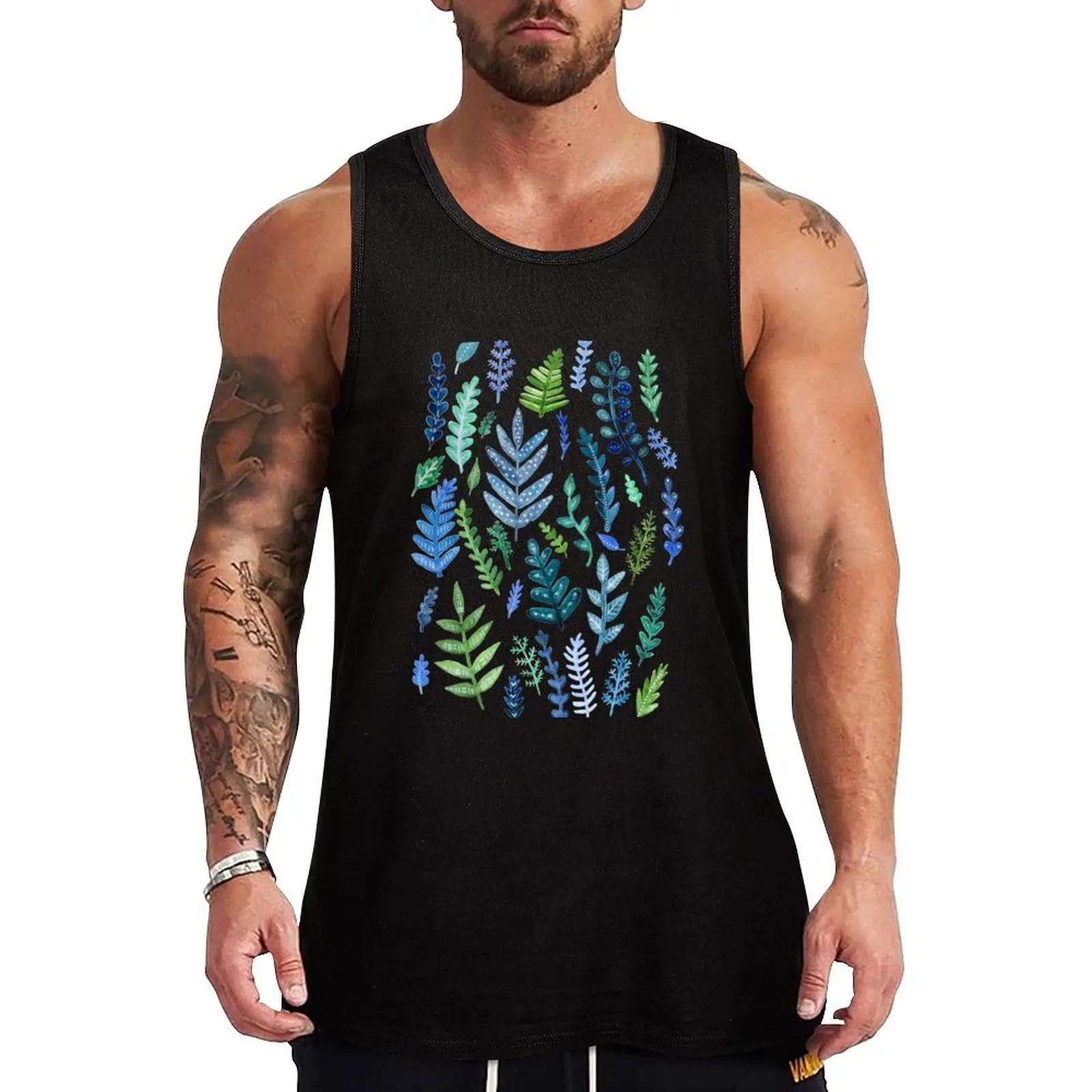 Blue and Green Watercolor Foliage Tank Top sleeveless Men's t-shirts men gym clothing Clothing