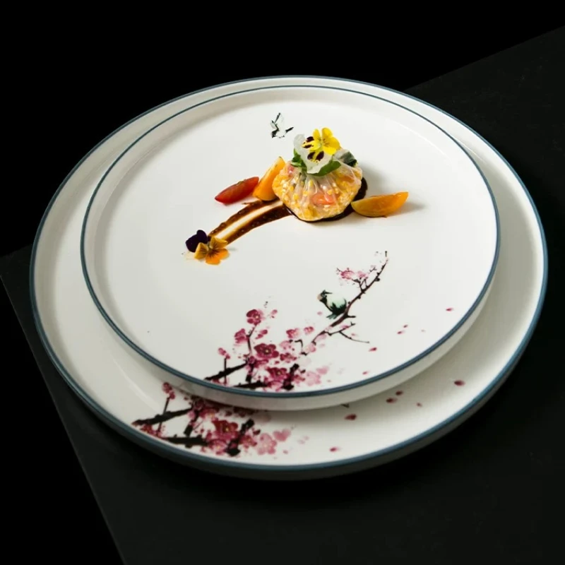 

1PC Round Chinese Style Landscape Decorative Plates Vintage Elegant Pattern Dinner Plates for Hotel Restaurant Tableware