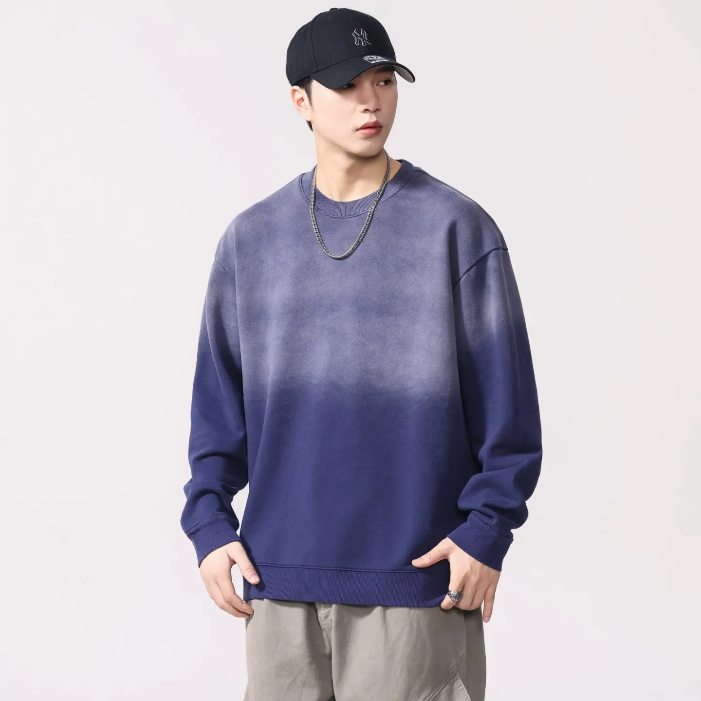 Vintage Washed Gradient Cotton Oversize Sweatshirt Men Streetwear Fashion Loose Casual Plus Size Wide Fat Pullover Sweatshirts