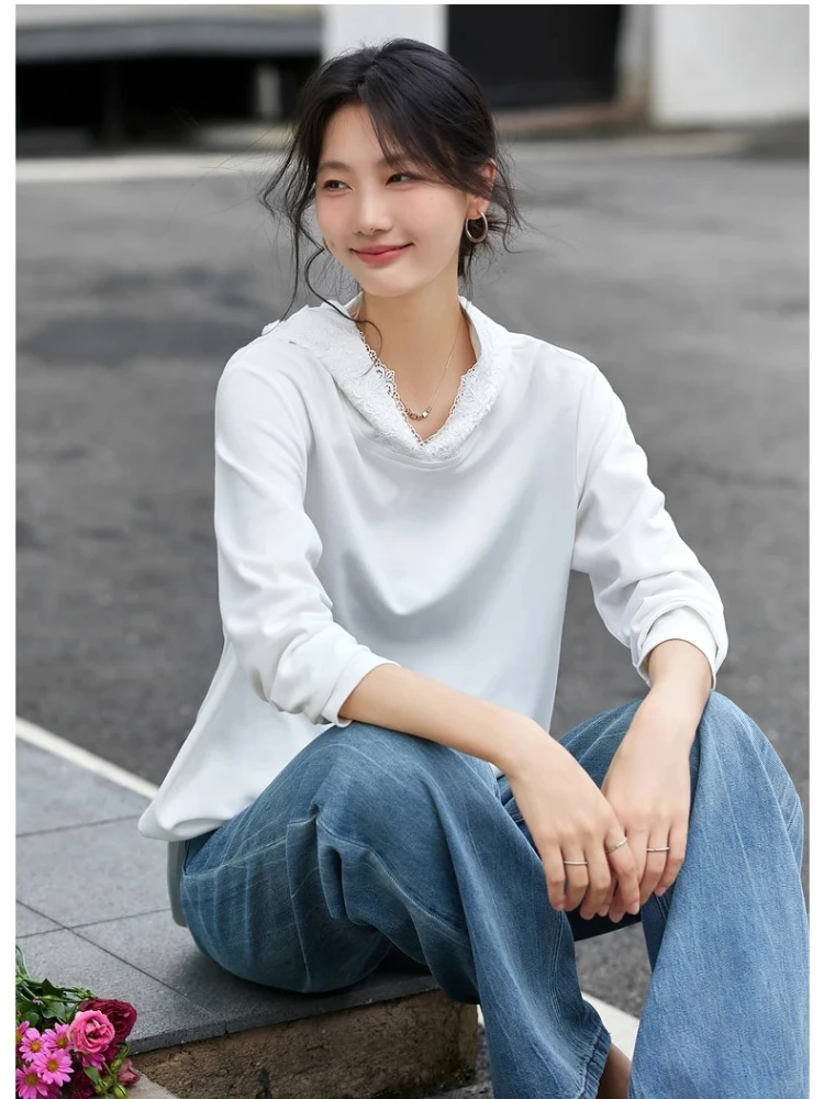 VIMLY Women's White Long Sleeve Tops Casual Lace Hooded Ladies Tees Autumn 2025 New Elegant Knitted Cotton T-shirts Femmes A2135