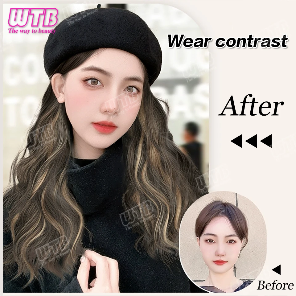 WTB Synthetic Wigs Hats Long Curly Hair Beret Wigs Women's Autumn and Winter Temperament Octagonal Wig Daily Heat-resistant Hair