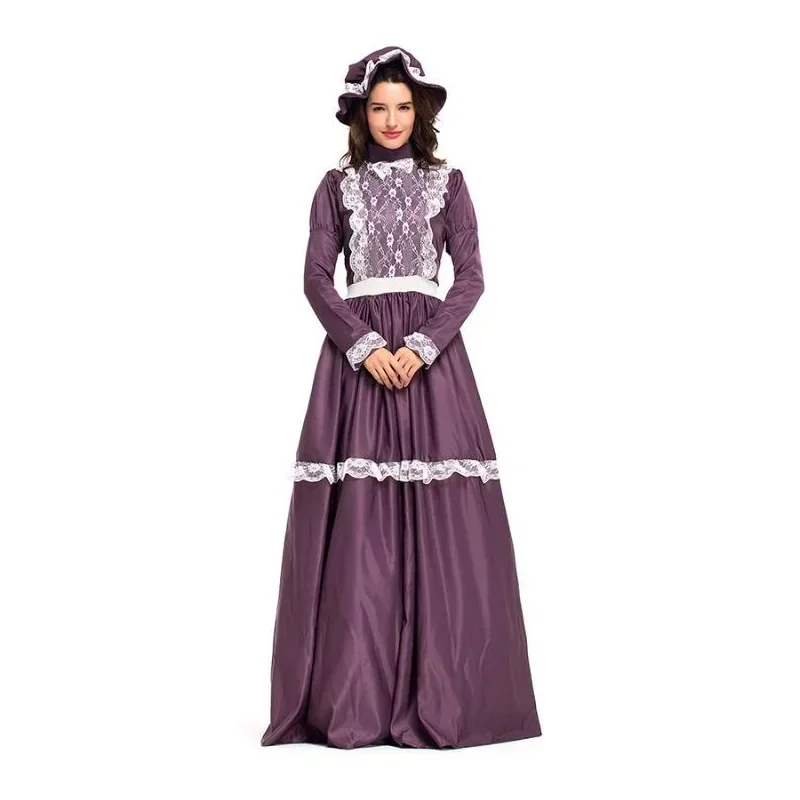 

Women's Medieval Long Dress Renaissance Princess Queen Cosplay Costume Velvet Court Maid Halloween Purple Outfit with Hat