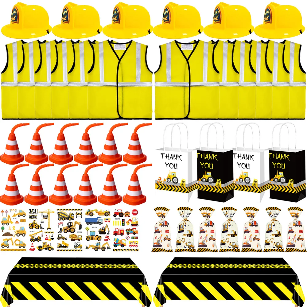 Construction Theme Birthday Party Supplies Vest Hat Tote Bag Tablecloth Traffic Cone Cups and Stickers Kids Birthday Party Decor
