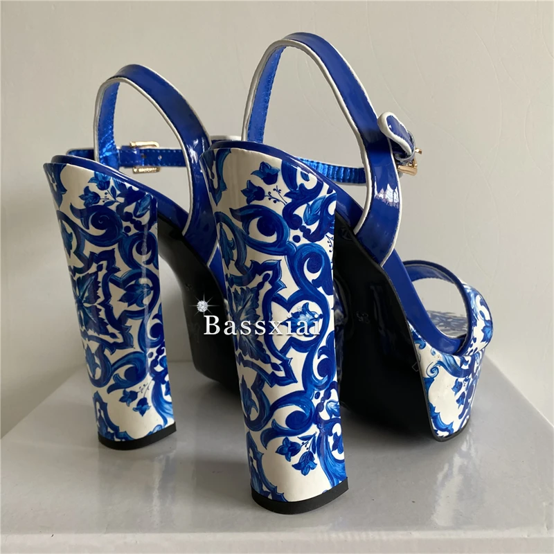 High Platform Chunky Heel Sandals Women Ankle Strap Print Flower Luxury Patent Leather Summer Shoes For Girls image 3