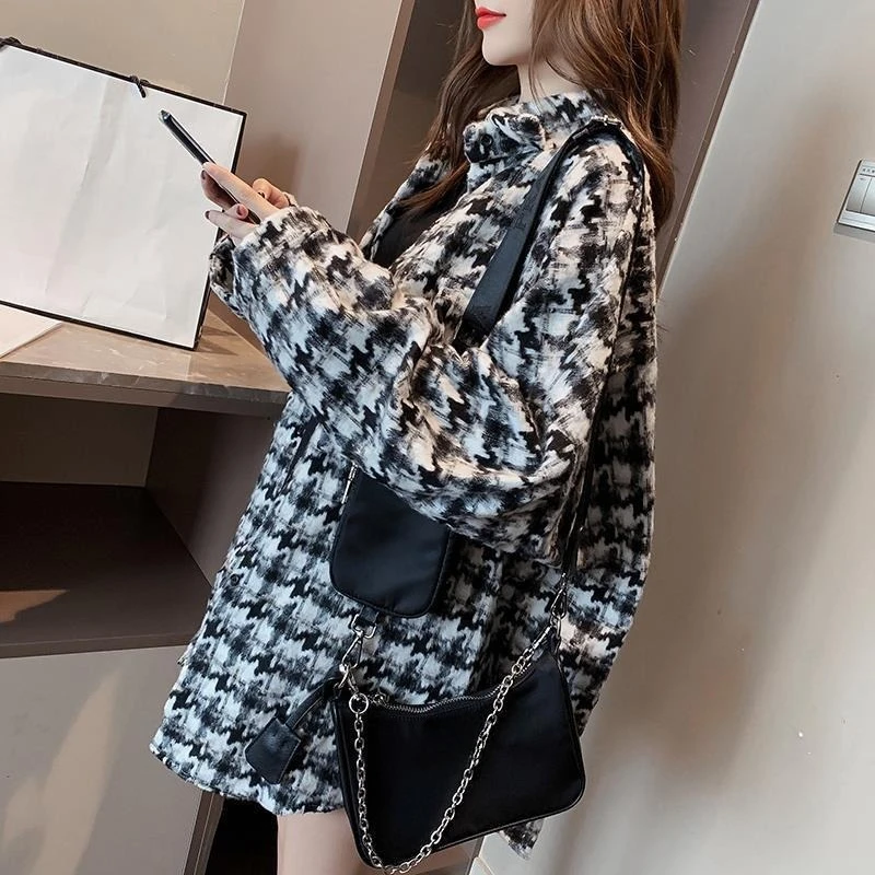 

Женская теплая фланелевая рубашка большого размера в клетку, модная повседневная верхняя одежда в корейском стиле 2025 года с уникальным винтажным узором «гусиные лапки»