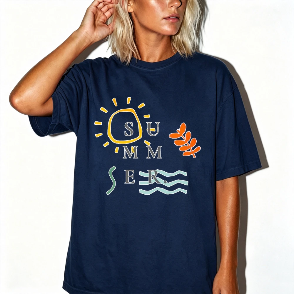 Summer Hand Drawn Letter Sun Wheat Wave Minimalist Graphic T-Shirt Simple Vacation Beach Symbol Print Navy Blue Loose Basic Tops