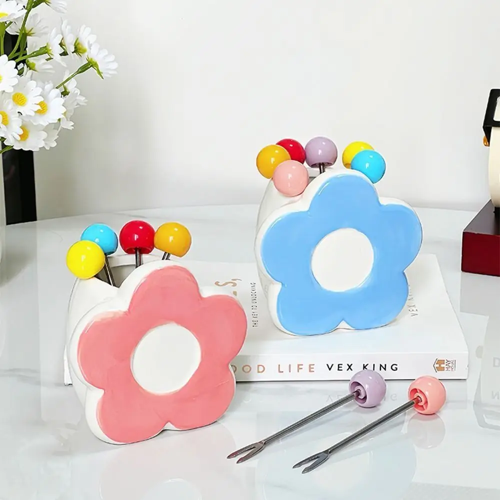 

Portable Stainless Steel Fruit Fork Flower Shaped Reusable Dessert Forks Household Ceramic Jar Cute Toothpick with Holder