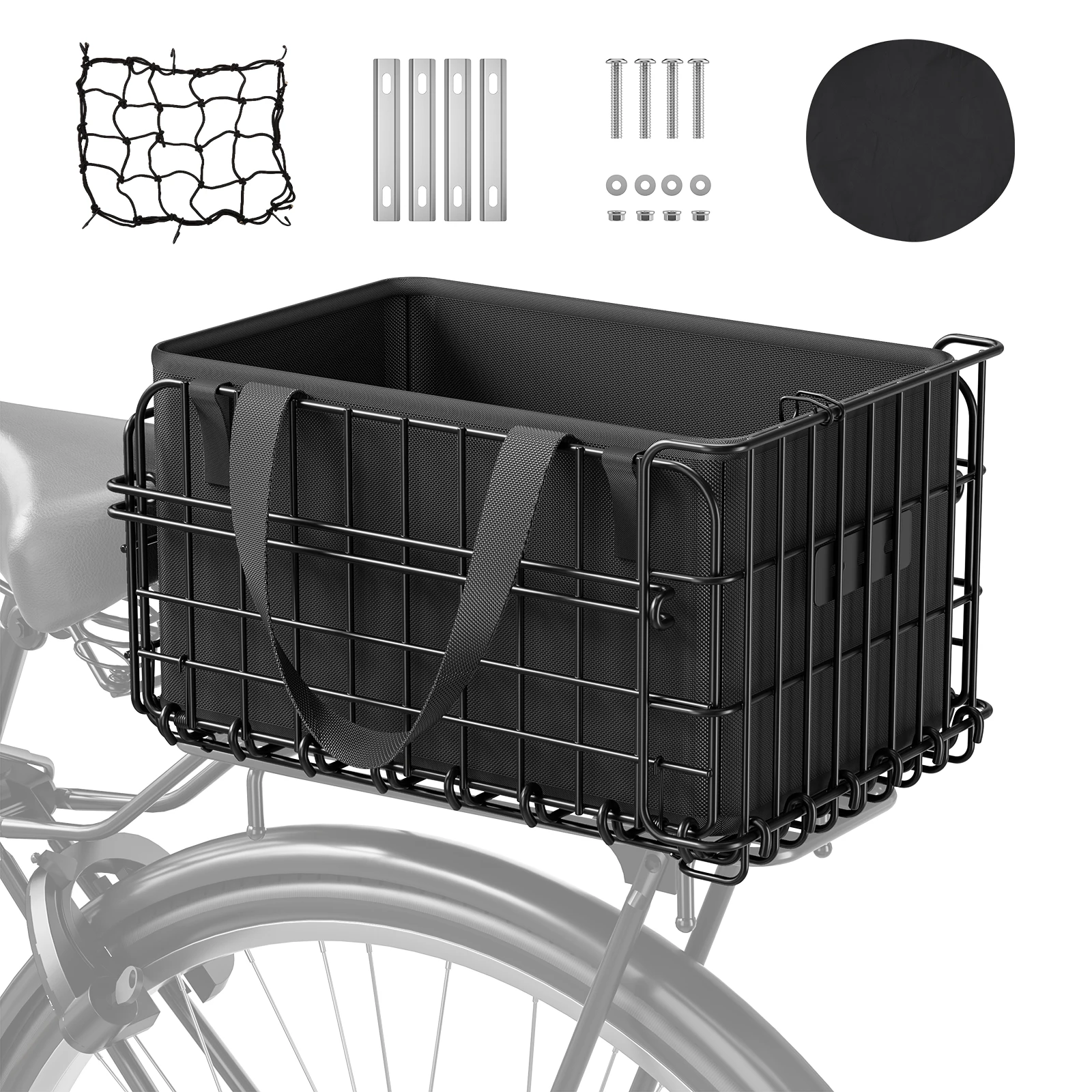 Panier arrière pliable pour vélo 60L avec sac intérieur amovible, housse de pluie, sac filet, fixation rapide en métal pour transporter chiens, animaux domestiques, courses