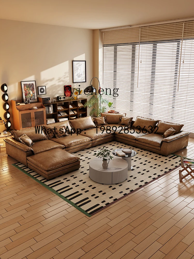 XL  Vintage Oil Wax Genuine Cow Leather Sofa Mid-Ancient Style Living Room Simple Large Sitting Deep Straight Row Sofa