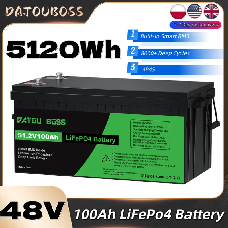 

DATOUBOSS 48V100Ah Power Lifepo4 Lithium Battery 8000+ Deep Cycles Smart BMS Use for Inverters Solar System Boat Household