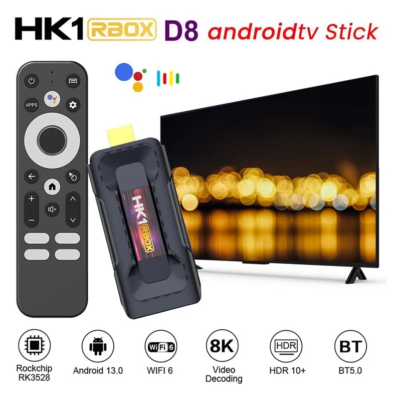 Clé TV HK1RBOX D8, Android 13.0, 2 Go + 16 Go, RK3528, Façades, Core ARM Corter, TV Box, Support Touriste, 2.4G, 5G, WiFi 6,BT 5.0, USB 3.0