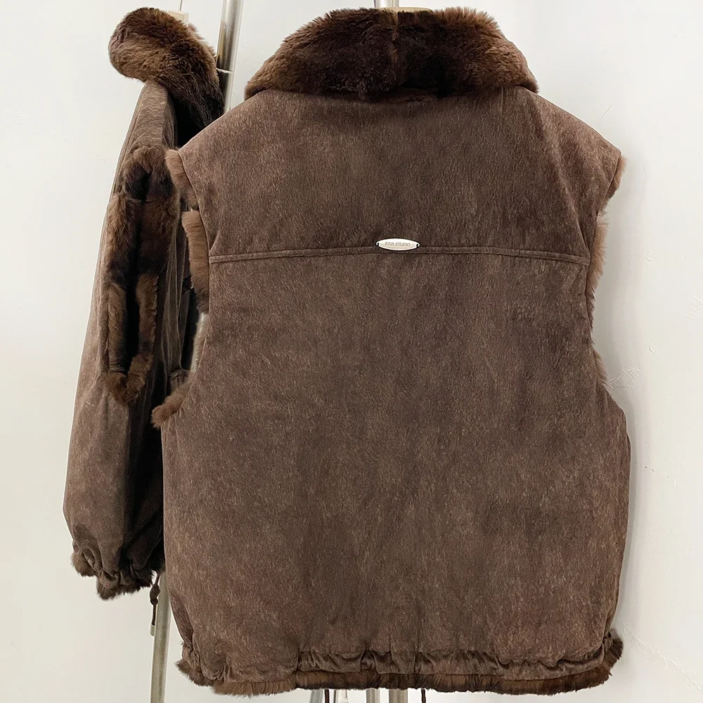 OFTBUY Big Turn Collar Two Ways Wear Sleeveless Clothes Female New Winter Fur Waistcoat Women Reversible Real Rabbit Fur Vest