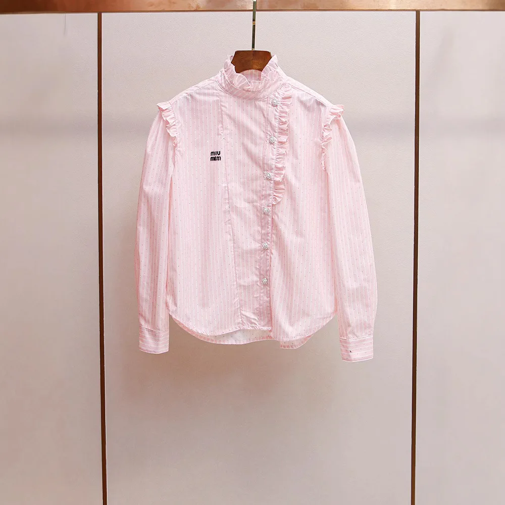 

MaSande High-End Women's irt Autumn New Sle Stand Collar Embroidered Striped Long Sve Polyester Fiber Ladies irt