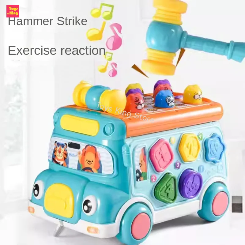 Cartoon Musical Bus Pull Wire Whac-A-Mole Lights Montessori Kids Toys Knock Piano Beads Blocks Beating Game Education Girls Gift